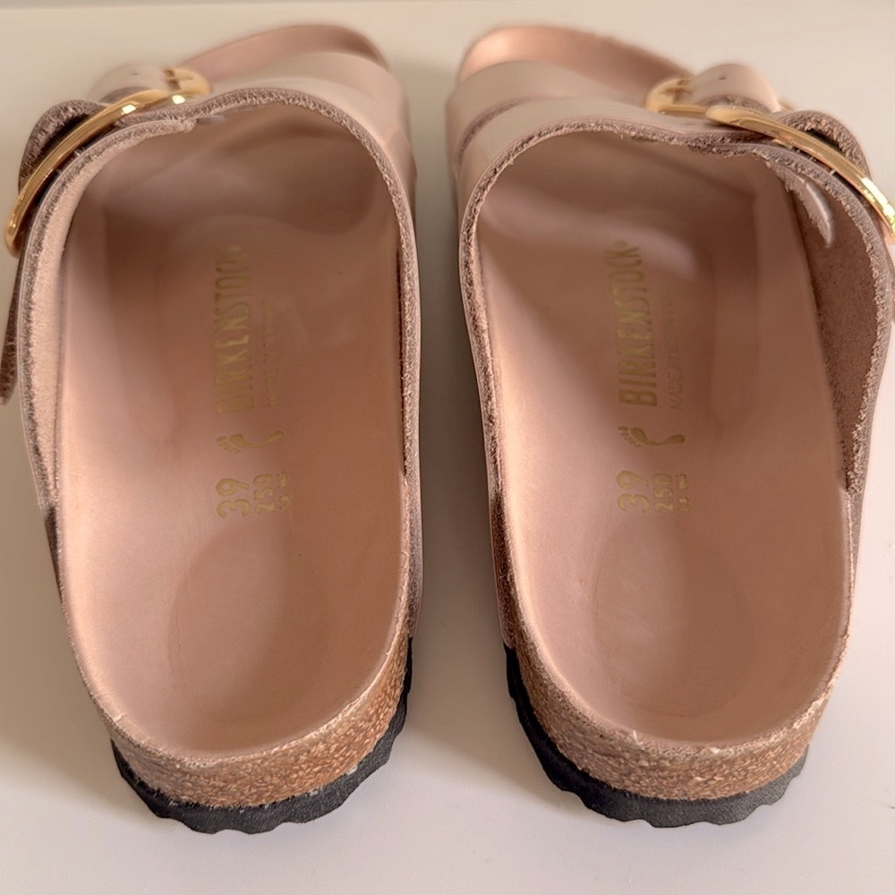 BIRKENSTOCK Arizona Big Buckle High Shine Leather Slide Sandals Nude 39 8-8.5 - Picture 9 of 16
